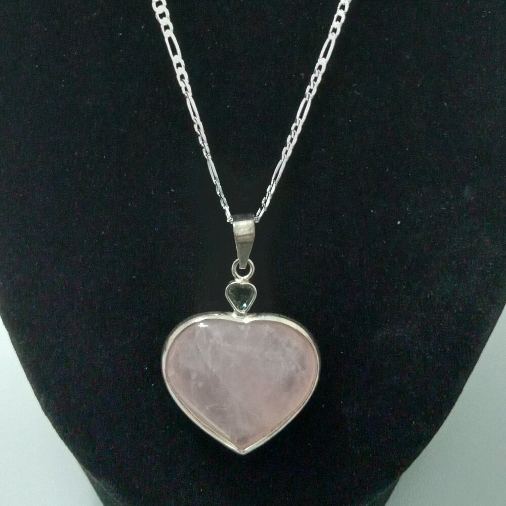 LOVE Rose Quartz Heart Pendant Silver Framed. Figaro Chain Included